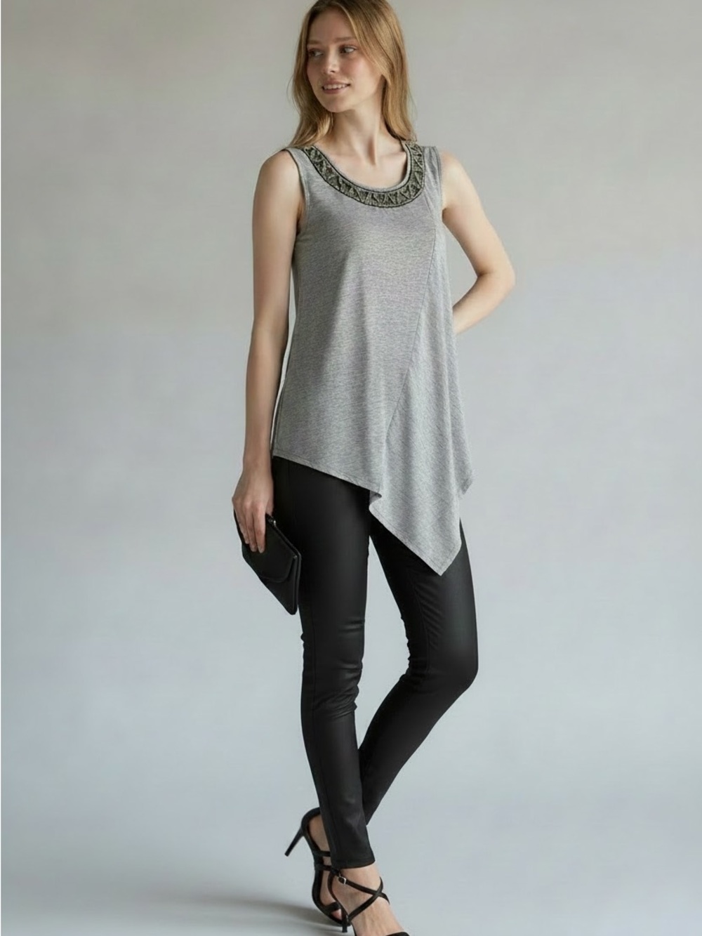 AB Studio Gray Embellished Scoop Neck Tank